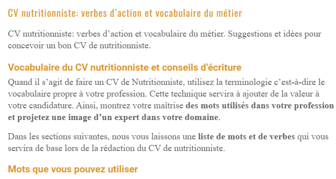 CV nutritionniste: verbes d’action et vocabulaire du métier