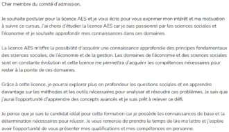 Exemple de lettre de motivation licence AES