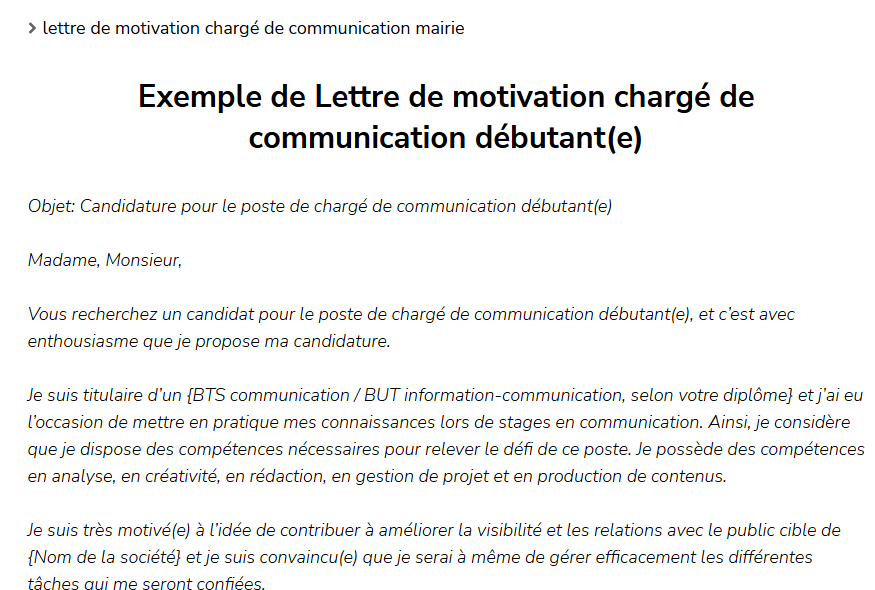 Lettre de motivation chargé de communication