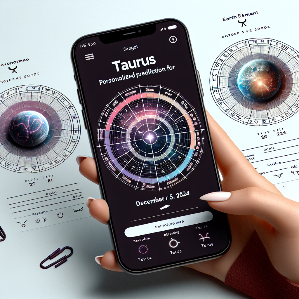 Application Dédiée à l’Astrologie : Sur une application de smartphone, les utilisateurs peuvent sélectionner leur décan spécifique de Taureau pour obtenir une « prédiction personnalisée du 5 décembre 2024″(écrire cette date et la mettre en évidence). L’interface affiche trois cartes interactives, chacune avec un fond distinct, comme des éléments terrestres, pour refléter les nuances de chaque décan.