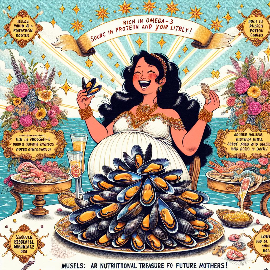 image d'une table de banquet présentant un plat de moules délicieusement préparées, entourées de décorations festives comme des fleurs et des fruits de mer.
    Ajoutez des étiquettes autour du plat indiquant les bienfaits, telles que "Riche en oméga-3", "Source de protéines", "Minéraux essentiels", et "Faible en calories".
    Dessinez une femme enceinte souriante en train de déguster les moules, avec des étoiles d'émerveillement autour d'elle, soulignant son bonheur et les bienfaits pour elle et son bébé.
    Incluez une bulle de dialogue où elle dit : "Ces moules sont un super choix pour moi et mon petit!" pour montrer l'intérêt et l'enthousiasme.
    Inscrivez en bas de l'image : "Les moules : Un trésor nutritionnel pour les futures mamans !" pour mettre en exergue leur importance pendant la grossesse.
