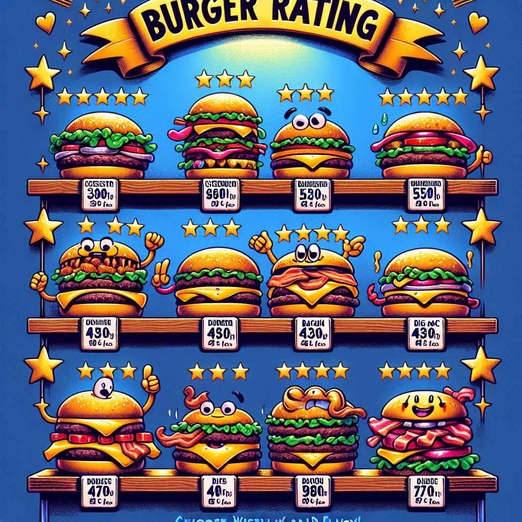 "Le Classement Calorique MacDO"
image graphique de classement, où différents burgers sont représentés sur des étagères : Cheeseburger (300 calories), Big Mac (550 calories), Bacon Burger (430 calories), et Double Big Mac (780 calories).
    Chaque burger doit avoir un design coloré et amusant, avec des expressions faciales pour montrer leur "confiance" en leur quantité de calories.
    Placez une étiquette en haut pour indiquer "Classement des Burgers McDonald's" avec des étoiles dorées autour pour une touche festive.
    Ajoutez une bulle de dialogue d’un spectateur disant : "Le Big Mac est le roi du juste milieu !" pour mettre en valeur son positionnement.
    Inscrivez en bas de l'image : "Choisissez judicieusement et savourez !" pour encourager les choix alimentaires tout en gardant un ton léger et amusant.
