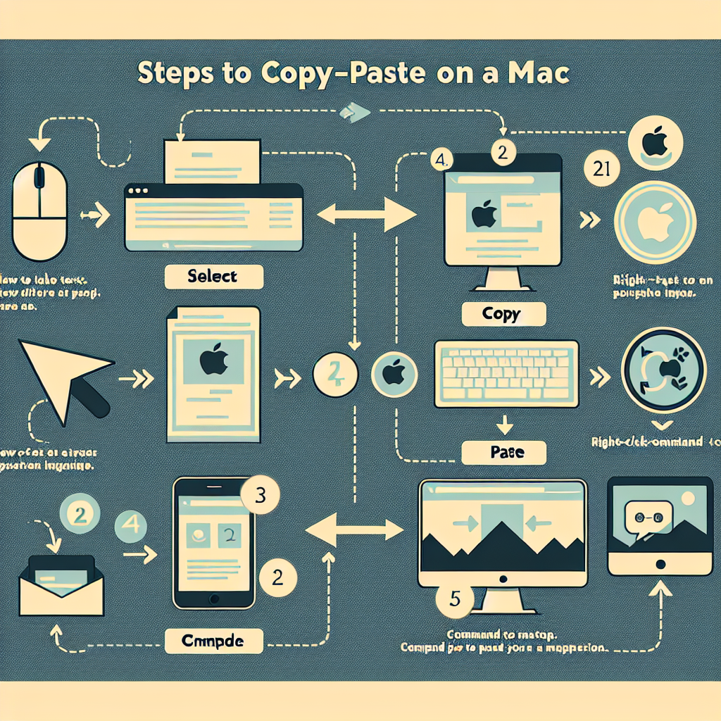 Crée une infographie simple sur les étapes de copier-coller sur Mac. Utilise des icônes claires pour chaque étape et un fond neutre. Contenu Textuel : Titre : \"Étapes pour Copier-Coller sur Mac\"Sections : Sélectionner : Montage d\'une souris sélectionnant du texte/images. Copier : Icônes de clic droit et de Command + C. Coller : Icônes de clic droit et de Command + V. Esthétique: Couleurs élégantes et professionnelles Flèches reliant chaque étape