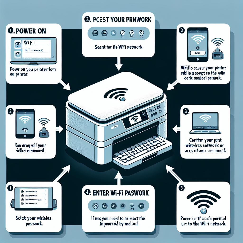 Étapes pour connecter votre imprimante au Wi-Fi

1. Allumer l’imprimante
Branchez et allumez votre imprimante. Dans la plupart des cas, vous devrez également sélectionner le mode Wi-Fi à partir du panneau de contrôle.

2. Accéder aux paramètres Wi-Fi
Utilisez le menu de l’imprimante pour accéder à l'option de configuration ou de connexion sans fil. Cela peut varier selon le modèle, mais recherchez une option qui mentionne « Configuration du réseau » ou « Wi-Fi ».

3. Sélectionner votre réseau
Lorsque vous êtes dans les paramètres Wi-Fi, scannez les réseaux disponibles et choisissez votre réseau sans fil dans la liste.

4. Entrer le mot de passe Wi-Fi
Si demandé, saisissez le mot de passe de votre réseau. Assurez-vous que les majuscules et minuscules sont respectées, car cela fait partie des informations d’accès. Une fois saisi, confirmez la connexion.