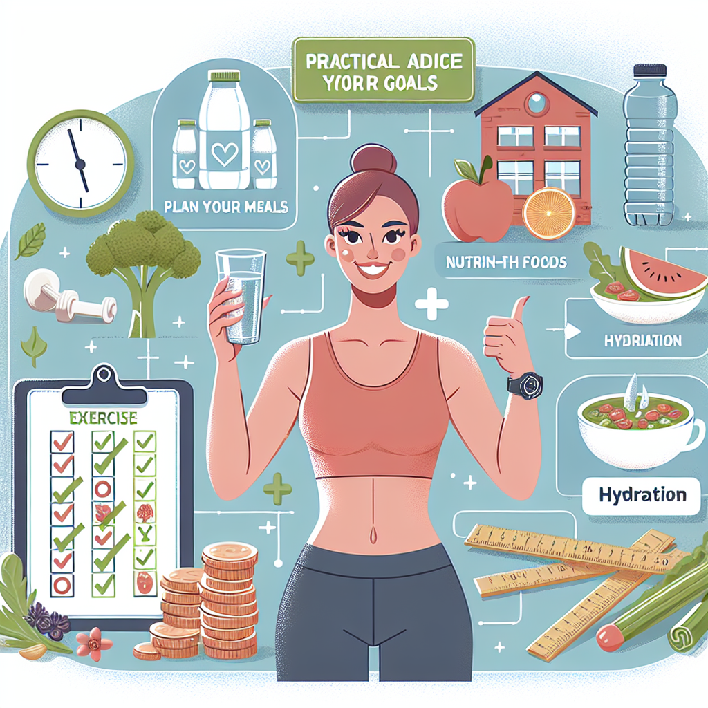 Illustration: Conseils pratiques pour atteindre vos objectifs: - Planifiez vos repas. Favorisez les aliments riches en nutriments. Hydratation. Exercice : L\'ajout d’activité physique non seulement aide à brûler des calories, mais favorise aussi un métabolisme sain et améliore votre bien-être global.