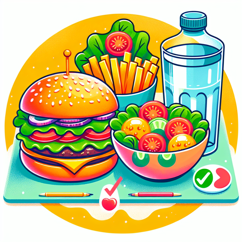 illustration en couleur: Suggestions pour équilibrer un repas- Si vous choisissez de déguster un Big Mac, voici quelques conseils pour équilibrer votre repas : Accompagnez-le d\'une salade basse en calories au lieu de frites. Optez pour de l\'eau ou une boisson sans calories plutôt qu\'une soda sucrée. Planifiez de marcher ou de faire de l\'exercice pour compenser l\'apport calorique supplémentaire.