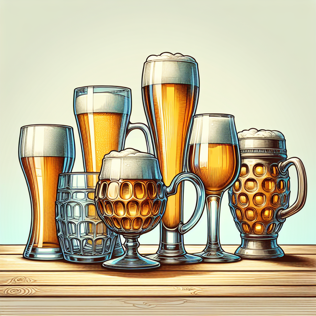 Illustration en couleur: Verres à Bière - Contenance : Environ 30 cl à 50 cl (demi) - Description : Conçus pour la bière, ces verres peuvent varier de simples gobelets à des versions plus élaborées comme les chopes.