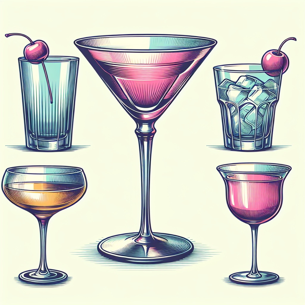 illustration en couleur: Verres à Cocktail - **Contenance :** Environ 25 cl à 30 cl - **Description :** Idéal pour servir des cocktails variés, offrant un design élégant et souvent une forme conique.