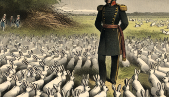 Illustration humoristique: Napoléon et les Lapins: Lors d\'une chasse organisée par Napoléon, des milliers de lapins domestiques ont été lâchés, mais au lieu de s’enfuir, ils se sont rués vers lui.