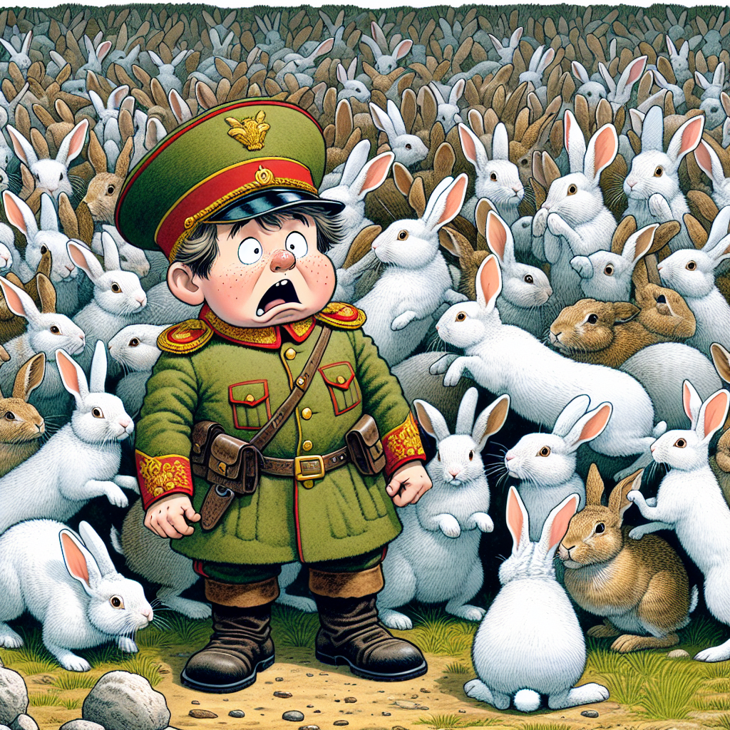 Illustration humoristique: Napoléon et les Lapins: Lors d\'une chasse organisée par Napoléon, des milliers de lapins domestiques ont été lâchés, mais au lieu de s’enfuir, ils se sont rués vers lui.