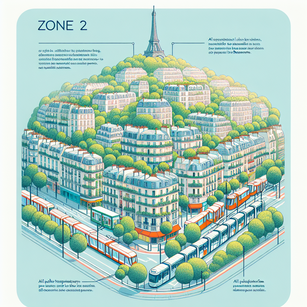 Zone 2: - **Localisation** : La zone 2 s\'étend juste au-delà de la zone 1, englobant des régions comme Montmartre et le nord de Paris. - **Transport accessible** : Toutes les lignes de transport en commun continuent d\'être accessibles, permettant des trajets vers la périphérie. - **Caractéristiques** : Parfaite pour les résidents qui travaillent dans Paris tout en habitant dans une commune proche.