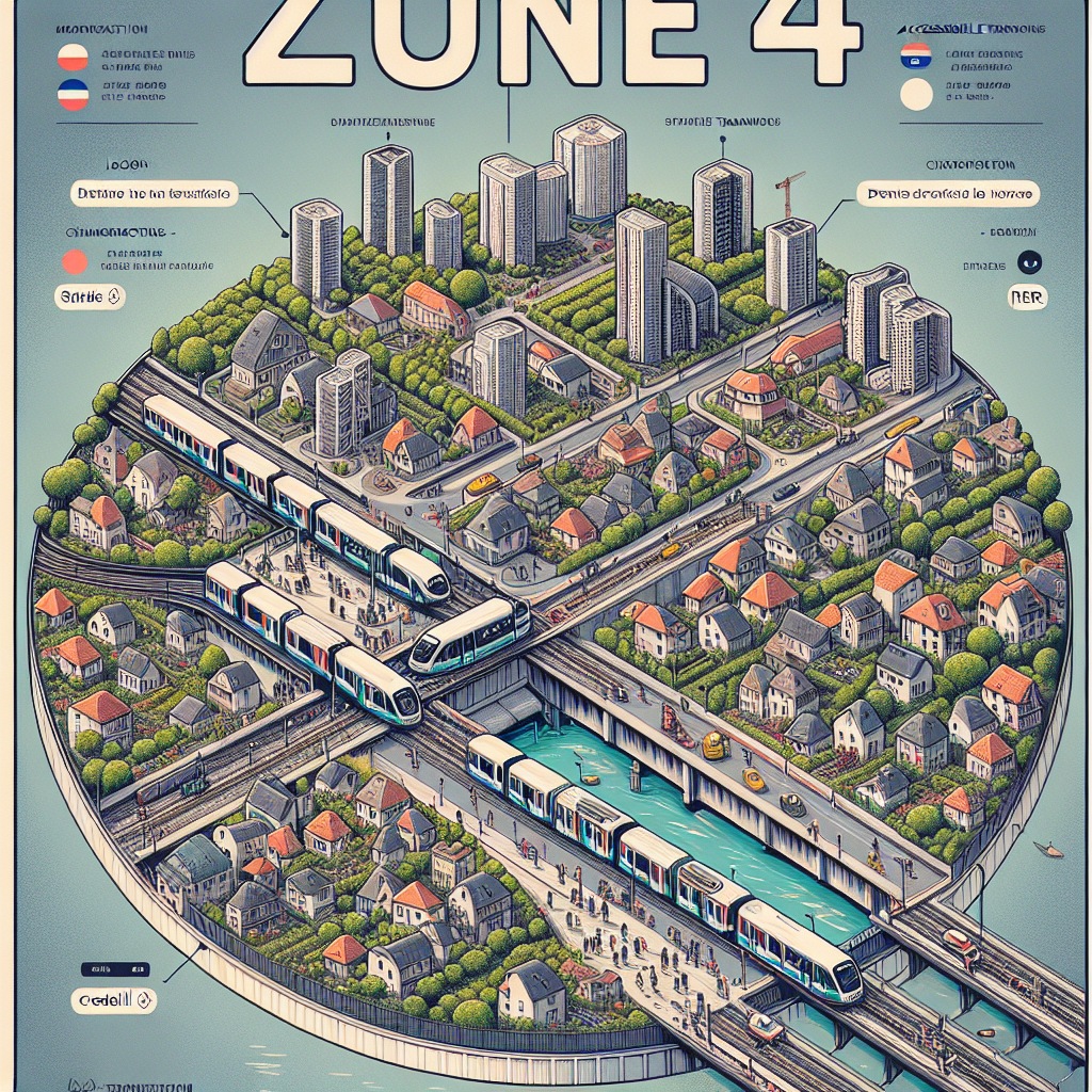 Zone 4: **Localisation** : Comprend des communes plus éloignées telles que Saint-Denis et Créteil, ainsi que certaines zones rurales. **Transport accessible** : Les options restent variées, offrant de multiples lignes de transport, y compris le RER. - **Caractéristiques** : Cette zone est fréquentée par les travailleurs qui doivent se rendre régulièrement à Paris, mais qui résident à des distances plus éloignées.