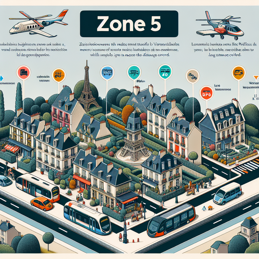 Zone 5: **Localisation** : La cinquième zone regroupe les communes les plus éloignées comme Versailles et Melun. - **Transport accessible** : Les usagers peuvent accéder à tous les types de transport, mais les tarifs augmentent proportionnellement à la distance. - **Caractéristiques** : Cette zone est souvent choisie par ceux qui souhaitent un accès direct à Paris tout en bénéficiant d’un cadre de vie plus calme dans des régions moins densément.